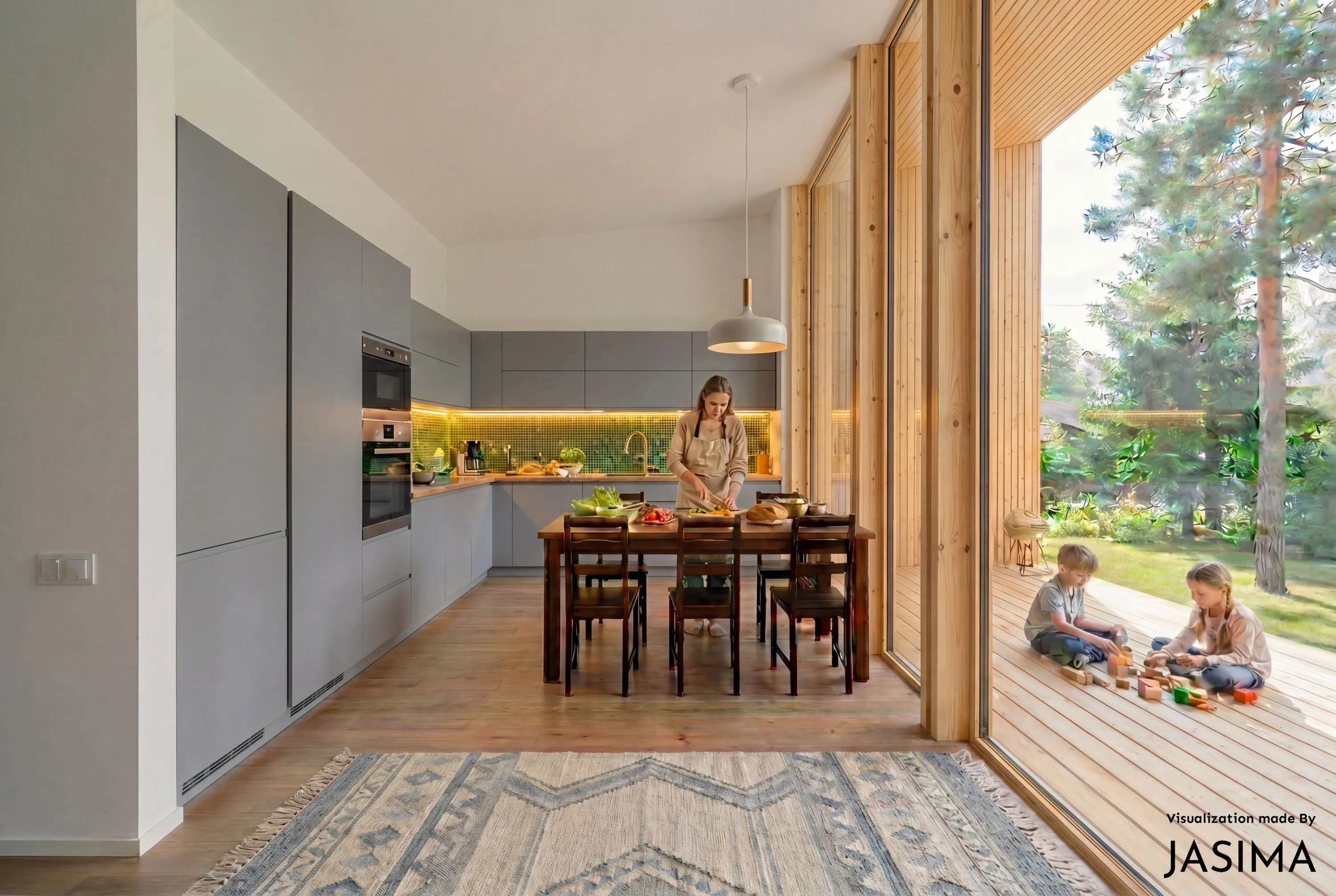 Moderni keittiö ja ruokailutila, josta avautuu näkymä ulos puuterassille ja puutarhaan. Keittiössä on harmaat kaapit, puinen työtaso ja kelta-vihreä laattaseinä lämpimällä LED-valaistuksella. Nainen pilkkoo vihanneksia puisella ruokapöydällä, jonka yläpuolella on valkoinen riippuvalaisin. Lattialla on puinen parketti ja sini-beige matto. Oikealla kaksi lasta leikkii puupalikoilla puisella terassilla, jota ympäröi vehreä puusto. Tila on valoisa luonnonvalon ja keinovalon ansiosta.