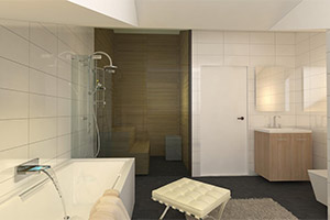 Moderni kylpyhuone valkoisilla laatoilla, suihkukaappi, kylpyamme, puinen seinä, vaalea puukaappi ja valkoinen jakkara.