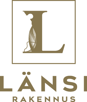Logo, jossa kultainen L-kirjain mustalla pohjalla ja alla teksti "LÄNSI RAKENNUS" myös kultaisella värillä.