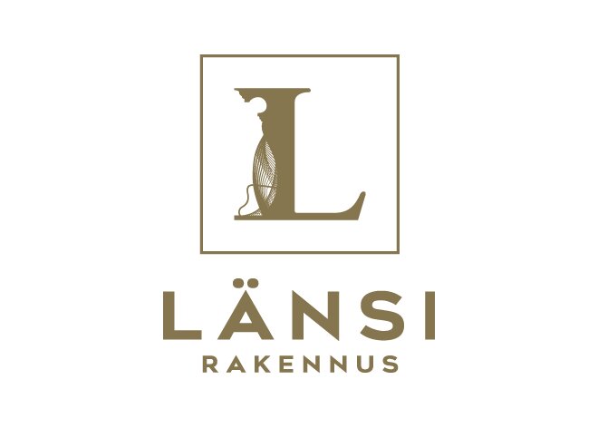 Beige logo, jossa on neliön sisällä koristeellinen L-kirjain ja alla teksti "LÄNSI RAKENNUS".
