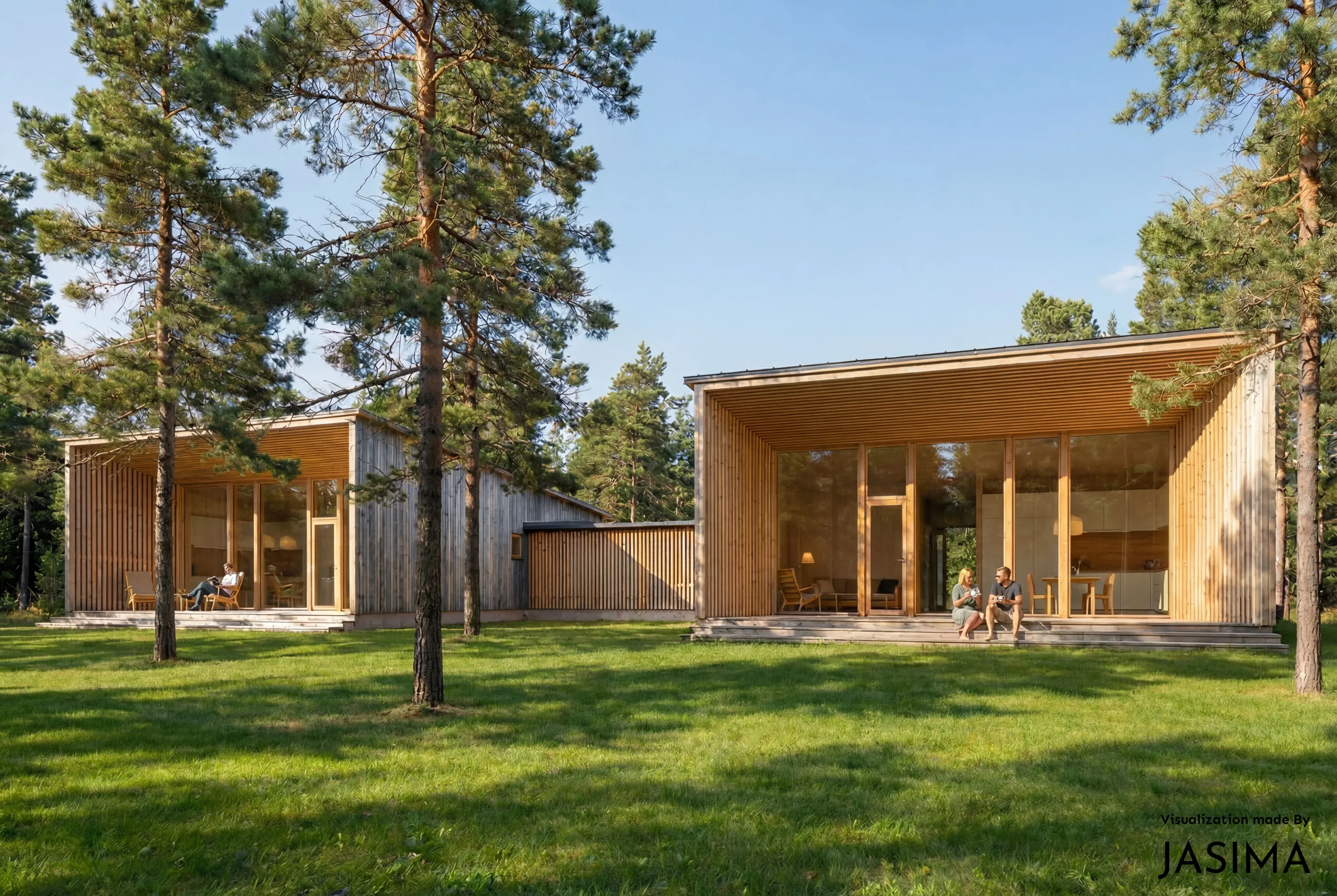 Kaksi modernia puutaloa mäntymetsän keskellä aurinkoisena päivänä. Vasemmanpuoleisen talon terassilla istuu henkilö lukemassa. Oikeanpuoleisen talon terassin portailla istuu pariskunta juomassa. Molemmissa taloissa on suuret lasiseinät ja vaalea puurimoitus. Edustalla on vihreä nurmikko, jossa näkyy puiden varjoja. Taivas on kirkkaan sininen.
