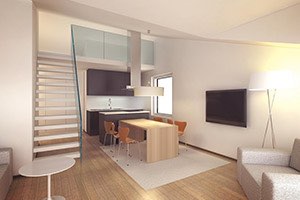 Moderni olohuone, jossa avokeittiö, puuportaat ja vaaleat sävyt.