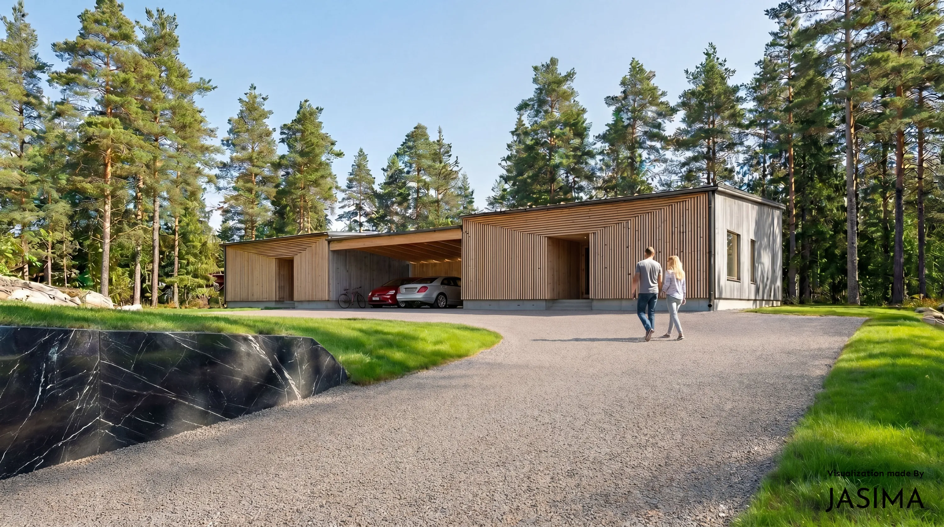 Moderni puurakennus, jossa on autokatos ja kaksi autoa, seisoo mäntyjen keskellä. Soratie ja vihreä nurmikko reunustavat aluetta, ja etualalla on musta marmorimuuri. Mies ja nainen kävelevät rakennusta kohti kirkkaassa auringonvalossa.