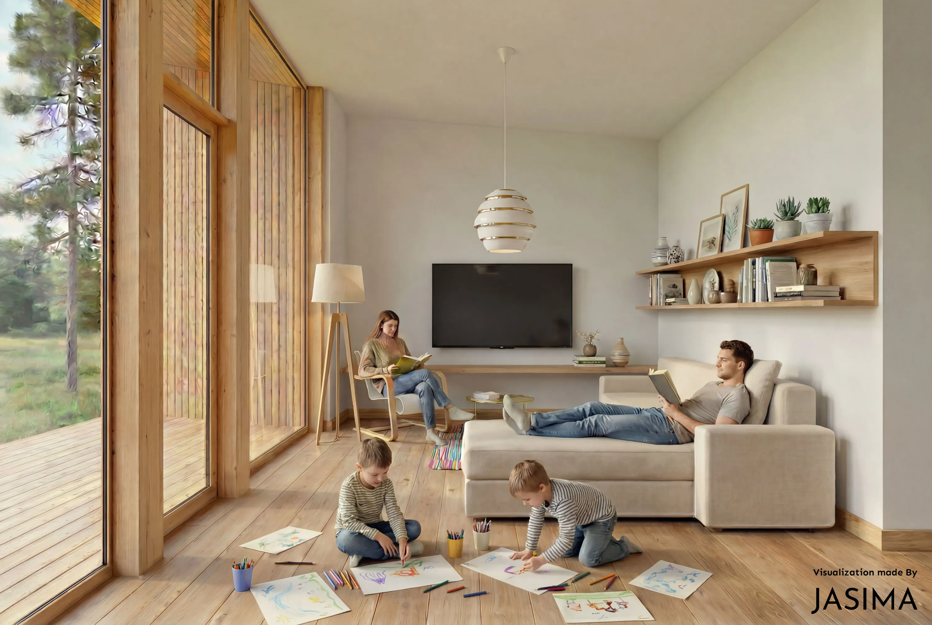 Valoisassa, modernissa olohuoneessa perhe viettää rauhallista aikaa. Suuret puiset ikkunat vasemmalla näyttävät ulos vihreään metsämaisemaan. Nainen lukee kirjaa vaaleassa nojatuolissa, ja mies lukee kirjaa sohvalla. Kaksi pientä poikaa piirtää ja värittää kuvia vaalealla puulattialla. Huoneessa on valkoiset seinät, puukalusteita, kuten hyllyjä kirjoineen ja kasveineen, sekä moderni kattovalaisin.