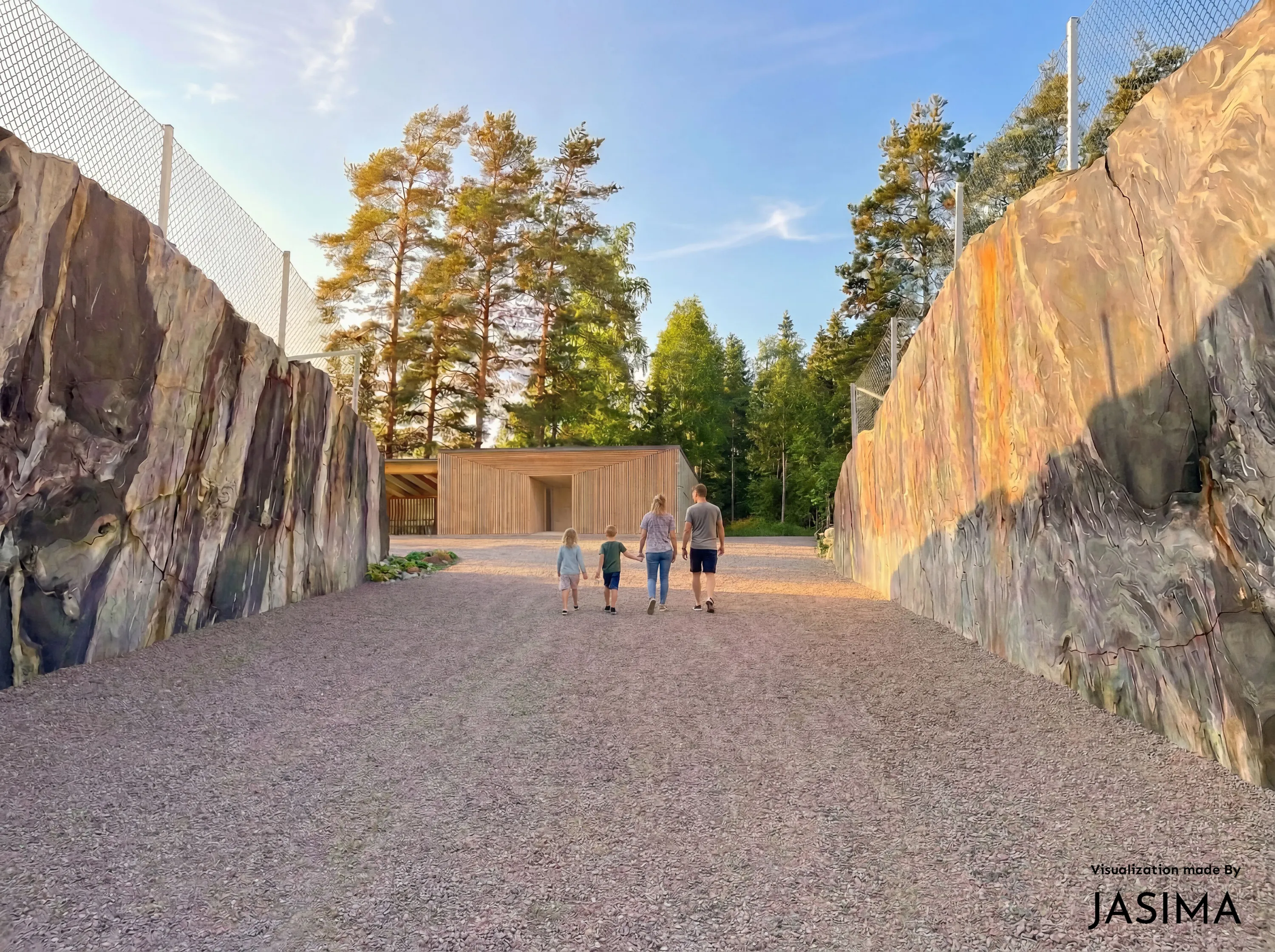 Perhe, jossa on kaksi aikuista ja kaksi lasta, kävelee soratietä pitkin kohti modernia puurakennusta. Tien molemmin puolin kohoaa korkeat, kallionväriset seinät, joiden yläosassa on verkkoaidat. Oikeanpuoleinen seinä hehkuu lämpimissä oranssin ja ruskean sävyissä auringonvalossa. Taustalla näkyy puurakennus pystysuorilla laudoilla ja syvennetyllä sisäänkäynnillä, jota ympäröivät mänty- ja lehtipuut. Taivas on kirkkaan sininen, ja siinä on muutama ohut pilvi. Kuva on otettu kultaisen tunnin valossa. Oikeassa alakulmassa on teksti "Visualization made By JASIMA".