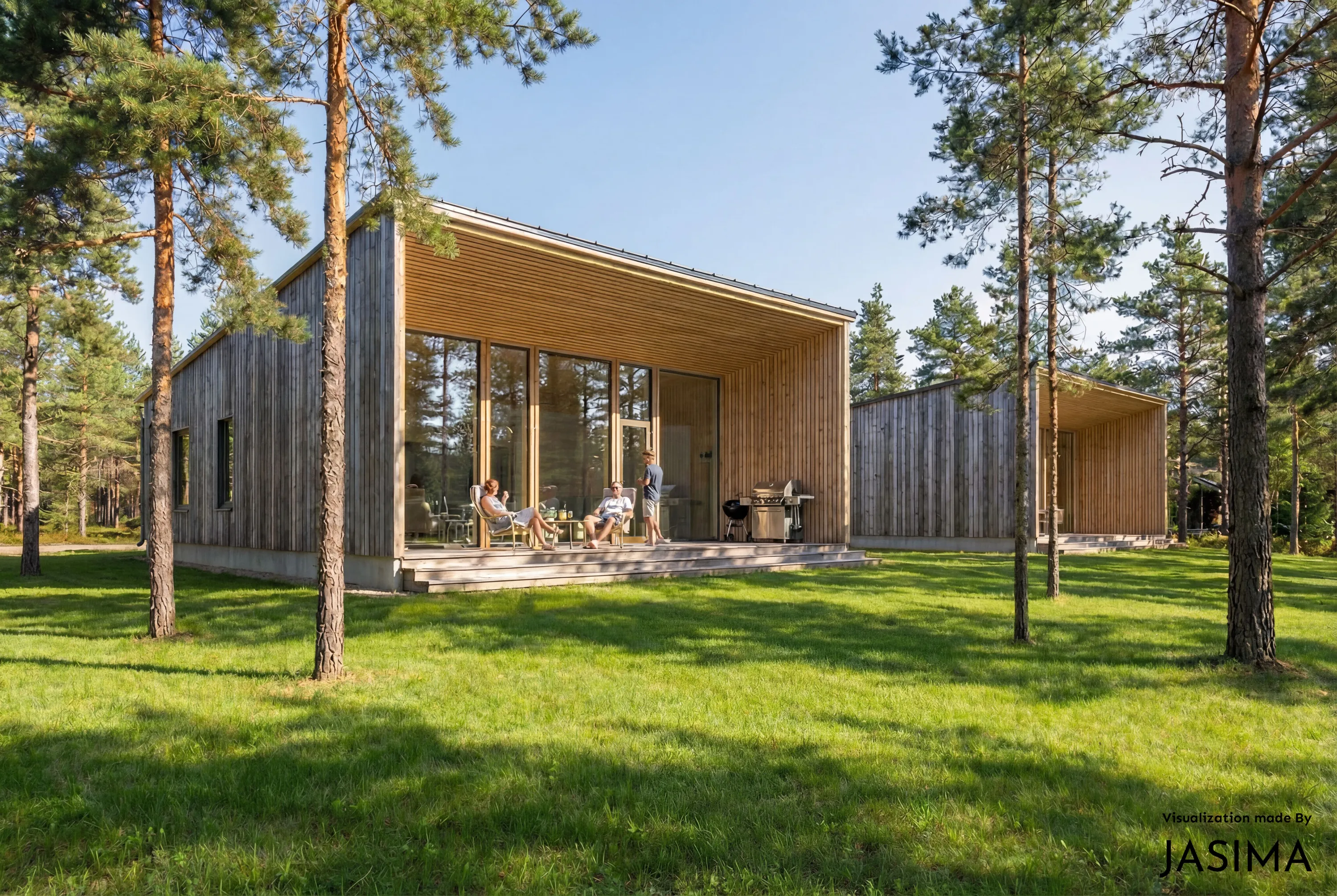 Puinen uudiskohde ja sen terassilla oleskeleva perhe vehreässä mäntymetsässä.
